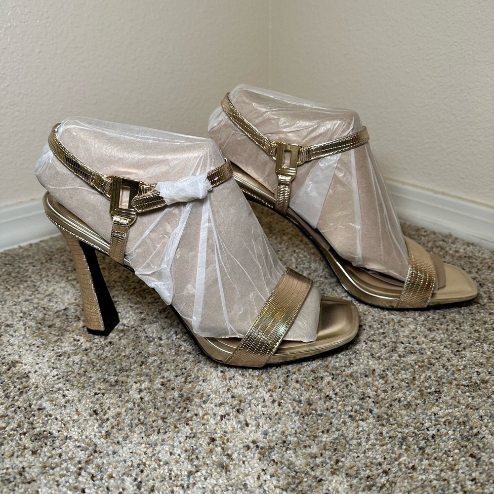 Karl Lagerfeld Cybil Evening Metallic Gold High Heel Sandals with Buckle Strap - Picture 4 of 11